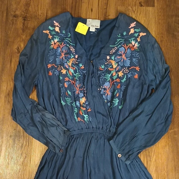 Chloe Oliver Cobalt Long Sleeve Embroidered Surplice Dress w/ Elastic Waist SSS - Picture 4 of 8